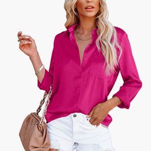 OMSJ Women's Button Down Shirts Satin V Neck Long Sleeve Casual Blouse Tops XXL